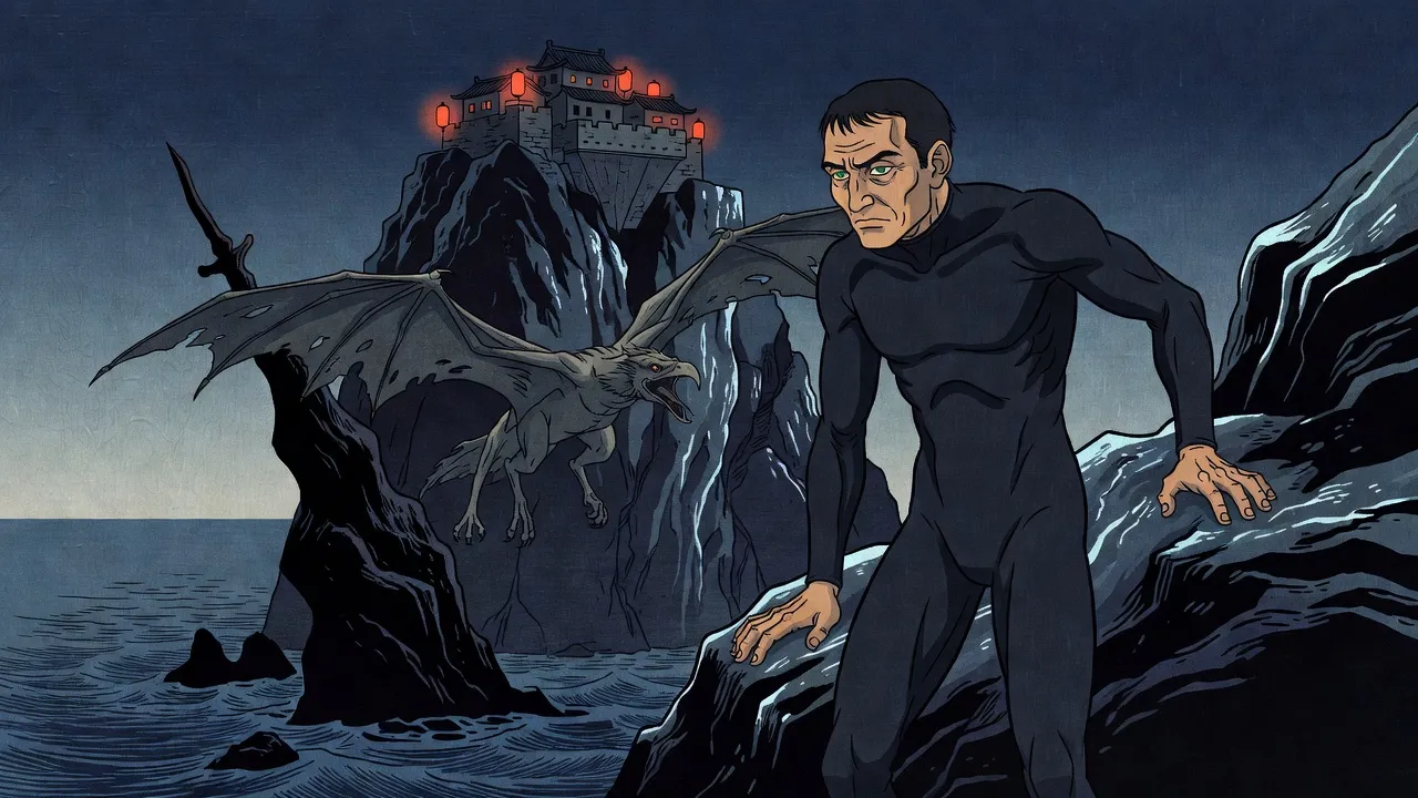 At night a man in a dark dive suit clings to a sheer wet cliff with his bare palms beneath an overhanging stone parapet, turning his face aside as a winged creature lunges at him out of the dark.