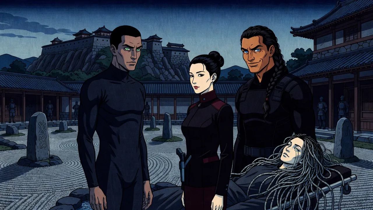 In a raked stone garden at night, a man in a dark dive suit faces a composed woman in a dark suit and a young man with a long braid, guards in the shadows behind, as a pale woman lies on a wheeled stretcher under bluish light.