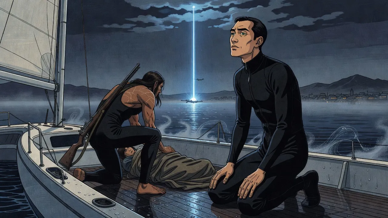From a trimaran’s spray-wet deck at night, a kneeling man in a dive suit looks up as a thin vertical beam of blue light stabs down out of the clouds onto a distant aircraft, while a long-haired man with a rifle slung on his back kneels over a figure wrapped in a blanket.