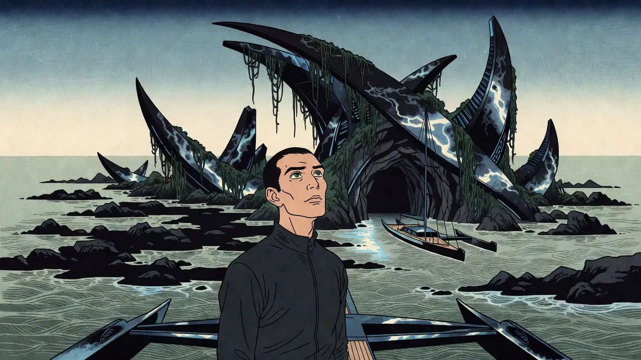 A man on the bow of a trimaran looks up at huge, vine-hung fragments of a fallen alien tower rising from a grey-green sea, another boat moored at the mouth of a sea cave beneath them.