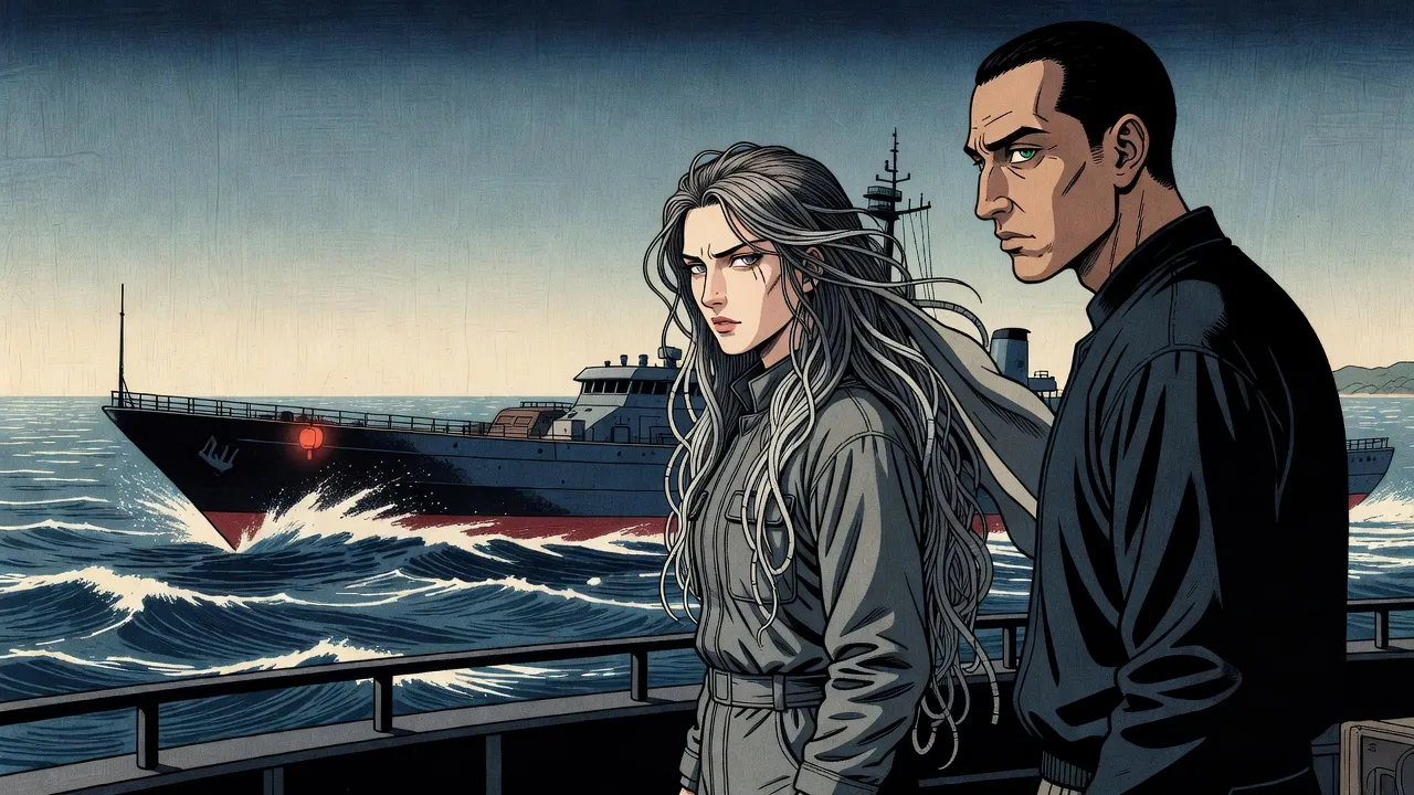 At the rail of a boat racing over a whitecapped sea, a woman with a scarred cheek and a heavy silver-grey mane blown back from her pale face looks out fiercely while a man beside her listens, a grey armoured vessel cutting through the waves behind.