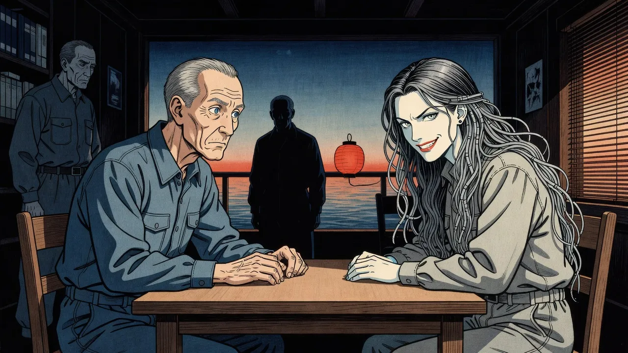 In a plain room on a great ship at sunset, a lean grey-haired man with his hands on a bare table stares across it at a woman with a long silver-grey mane whose face breaks into a grin, two veterans standing behind.