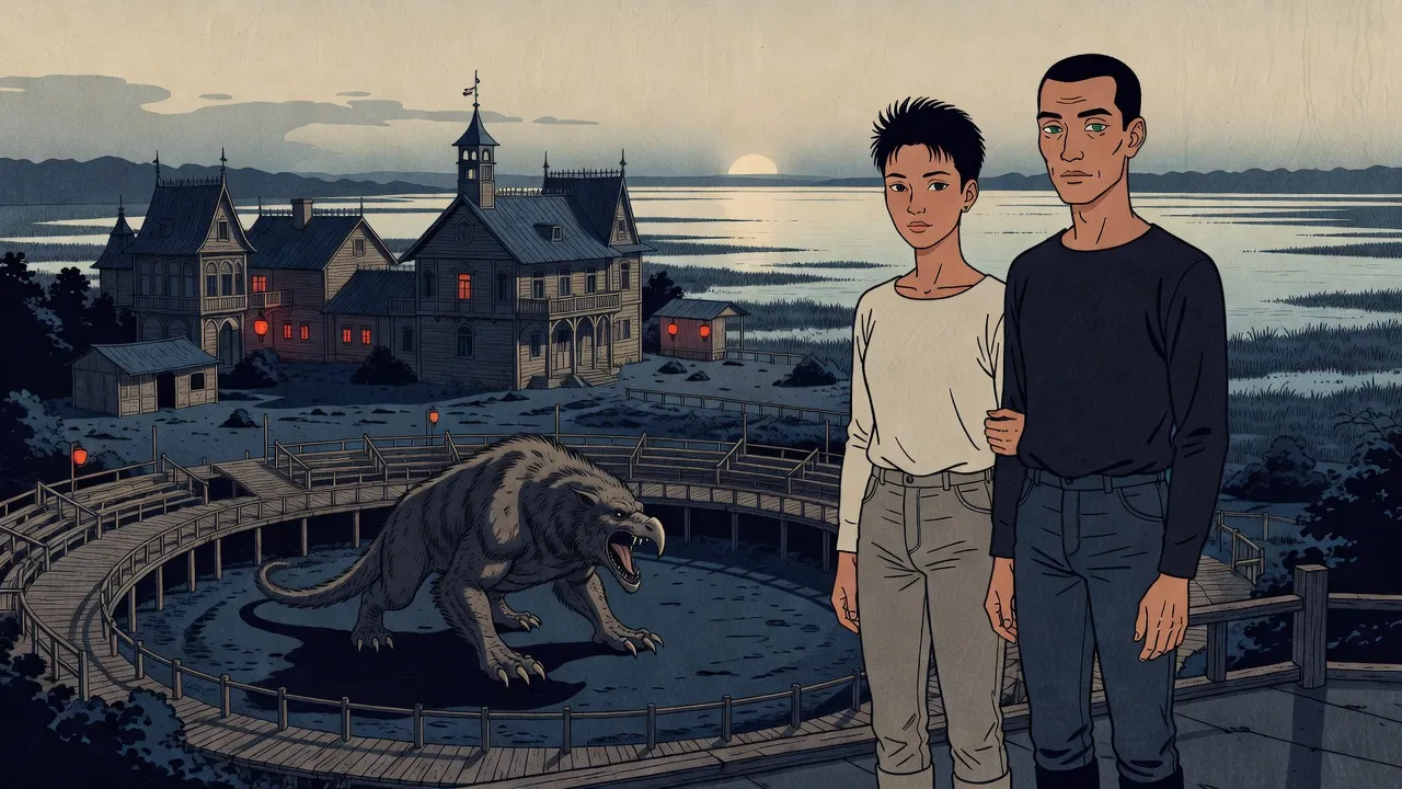 In hazy morning light, a man and a woman stand close on a walkway above oval pits sunk in mud, her hand on his arm, a maned, beaked beast prowling in a pit below and old ornate timber buildings behind.