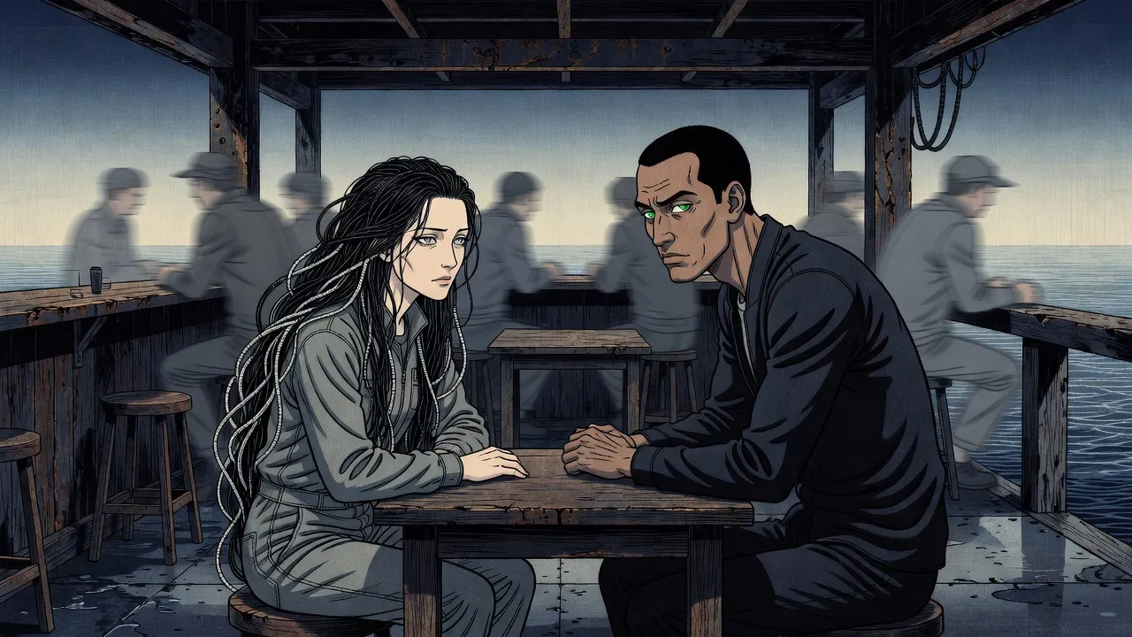 In a dim virtual bar crowded with blurred grey ghostly figures, a man and a pale woman with a long mane sit facing each other across a small table.