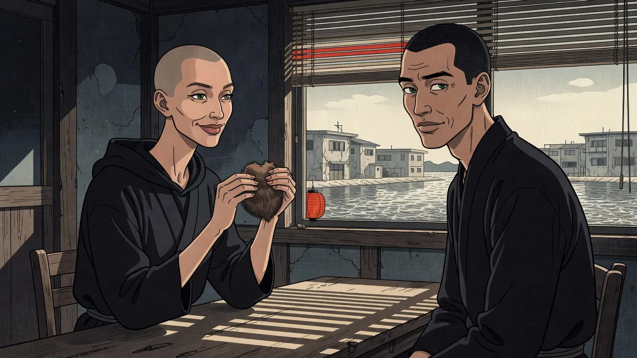 At a scarred table in a cheap hostel room striped with daylight, a shaven-headed woman in a dark hooded robe holds a tuft of false beard in her long fingers, beside a tall man with the same green eyes.