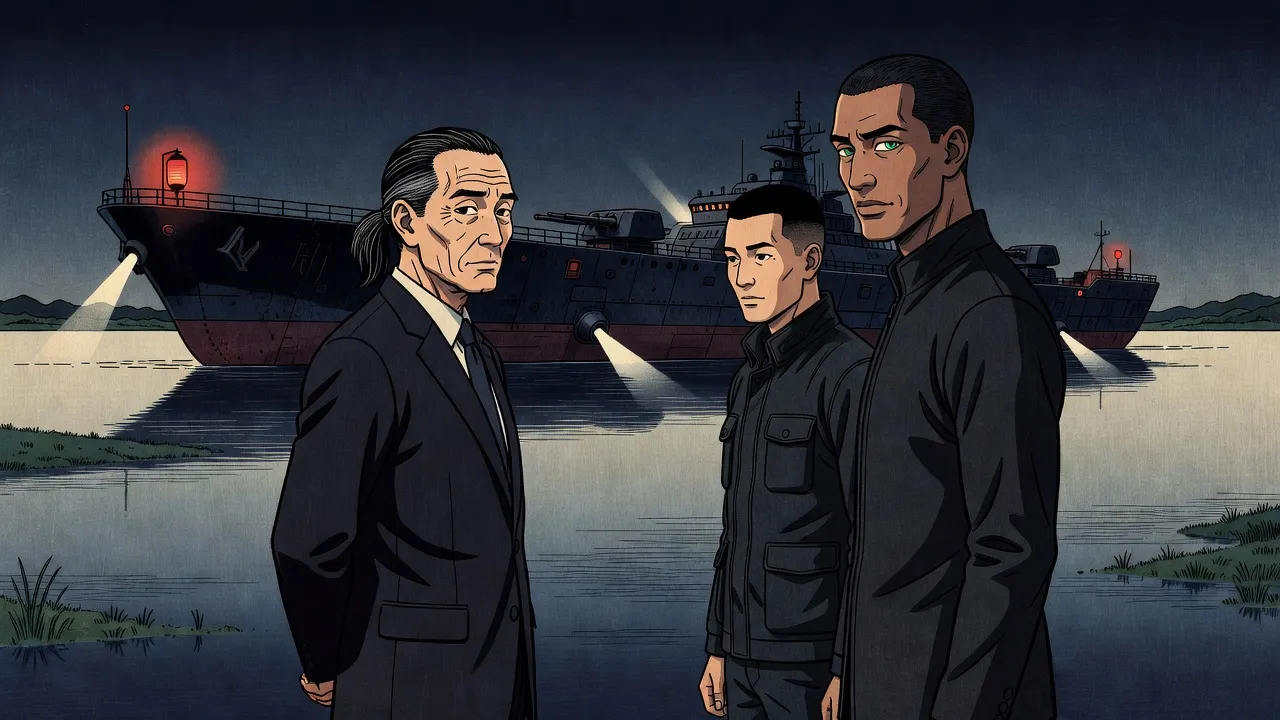 Under harsh spotlights on the deck of a huge armoured hovercraft at night, a grey-haired man in a dark suit faces a tall man with cold formality while a lean man in a field jacket watches from between them.
