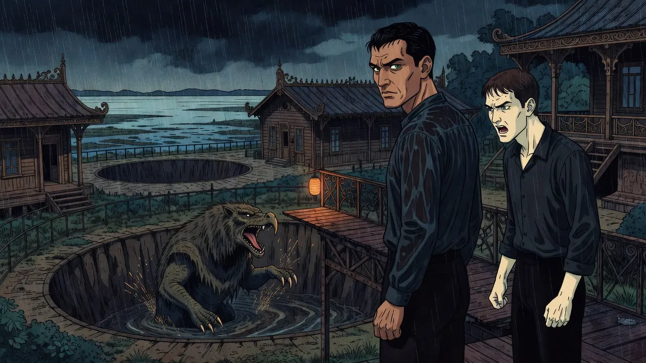 In pounding rain, two soaked men in dark shirts stand on a timber walkway above an oval mud pit, one cold and still, the other shouting at him with clenched fists, as a huge maned, beaked beast rears in the pit below, its talons striking sparks.