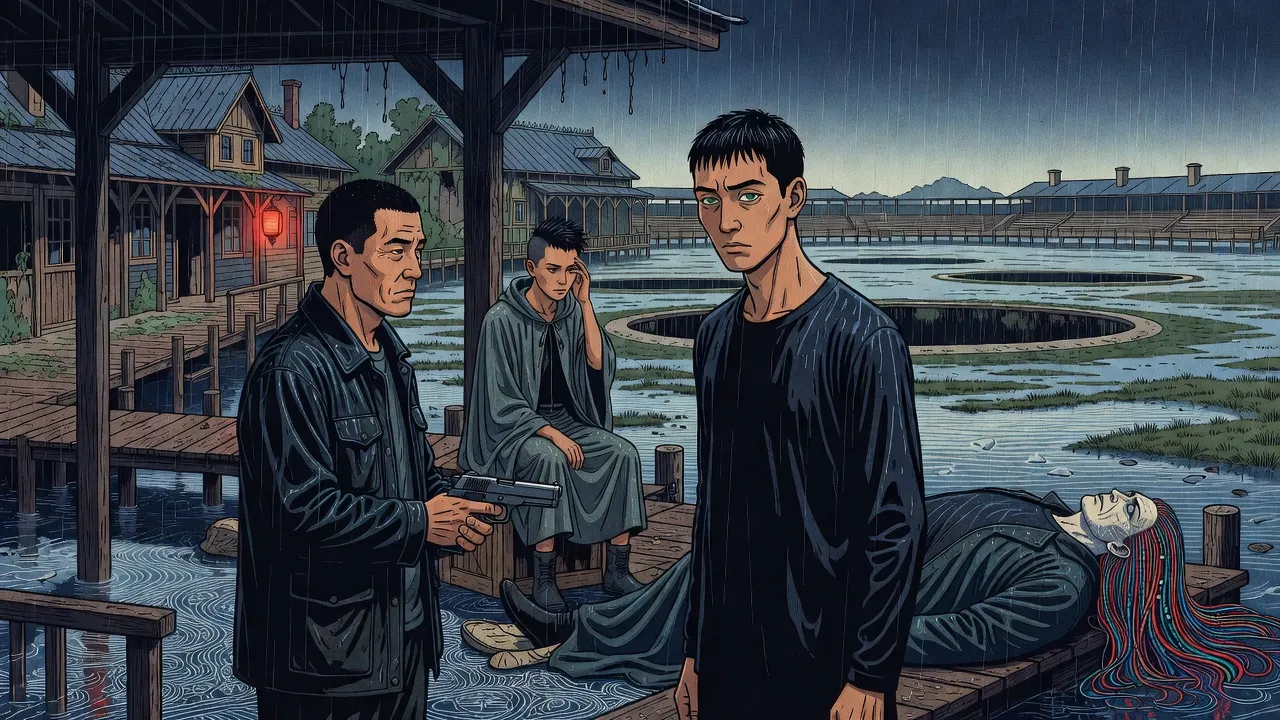 On a rain-swept timber dock, a lean man in a dark jacket holds out a pistol toward a soaked, wary tall man, while a dazed woman in a grey cape sits on a crate behind them with a hand to her head and a still figure with long rainbow-dyed hair lies at the dock’s edge.