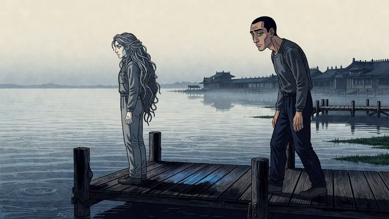 On a deserted dock in faint mist, a woman with a long silver-grey mane stands motionless at the end of the planks as a man in waterlogged clothes walks unsteadily toward her, a faint blue glow on the boards.