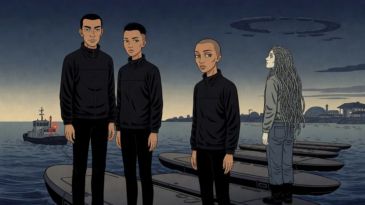 At dusk, a man, a woman with spiky black hair and a shaven-headed woman stand on long cargo pods towed behind a tug, a low domed coastline behind them, while a pale woman with a silver-grey mane stands apart, gazing up at a broken ring of platforms in the sky.