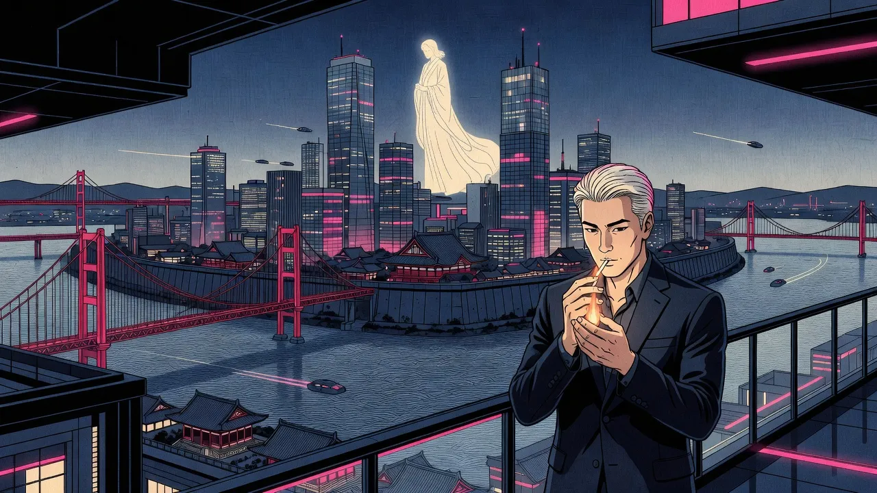 A lean man with silver-white hair, in a dark suit, lights a cigarette on a high walkway at night above a walled city of towers and temple roofs, a giant figure of light standing among the towers.