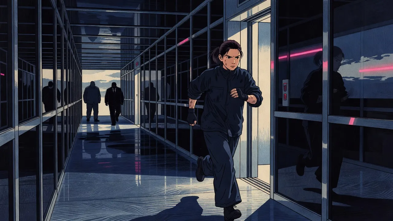 A teenage girl in a dark jacket runs down a neon-washed corridor of black glass past the open doors of a lit lift, two big men in dark suits far behind her.