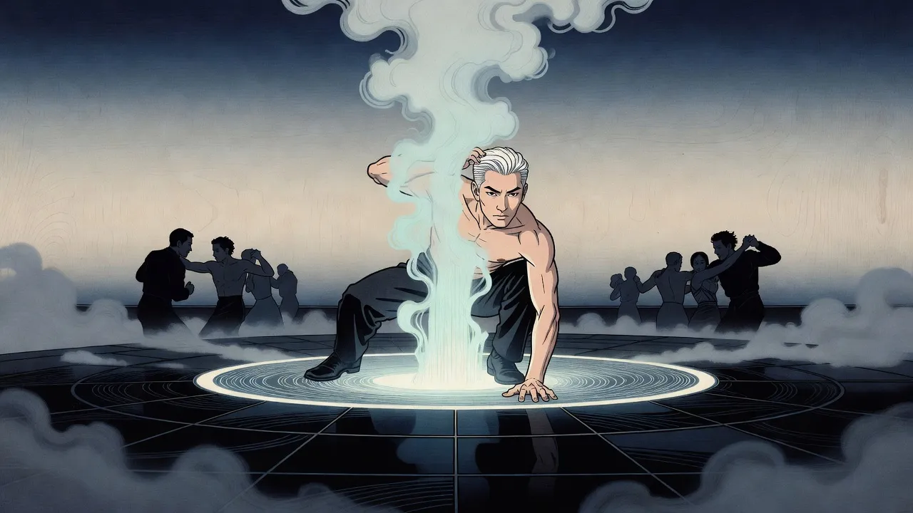 On a dark dance floor, a lean, bare-chested man with silver-white hair rises from a crouch inside a column of pale light while couples dance in silhouette around the ring.