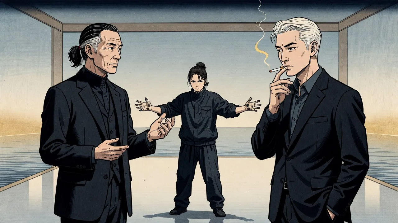 In a pale golden virtual room, a silver-haired man in a dark suit holds a cigarette as an older man with a grey-streaked ponytail talks to him, a teenage girl protesting between them.