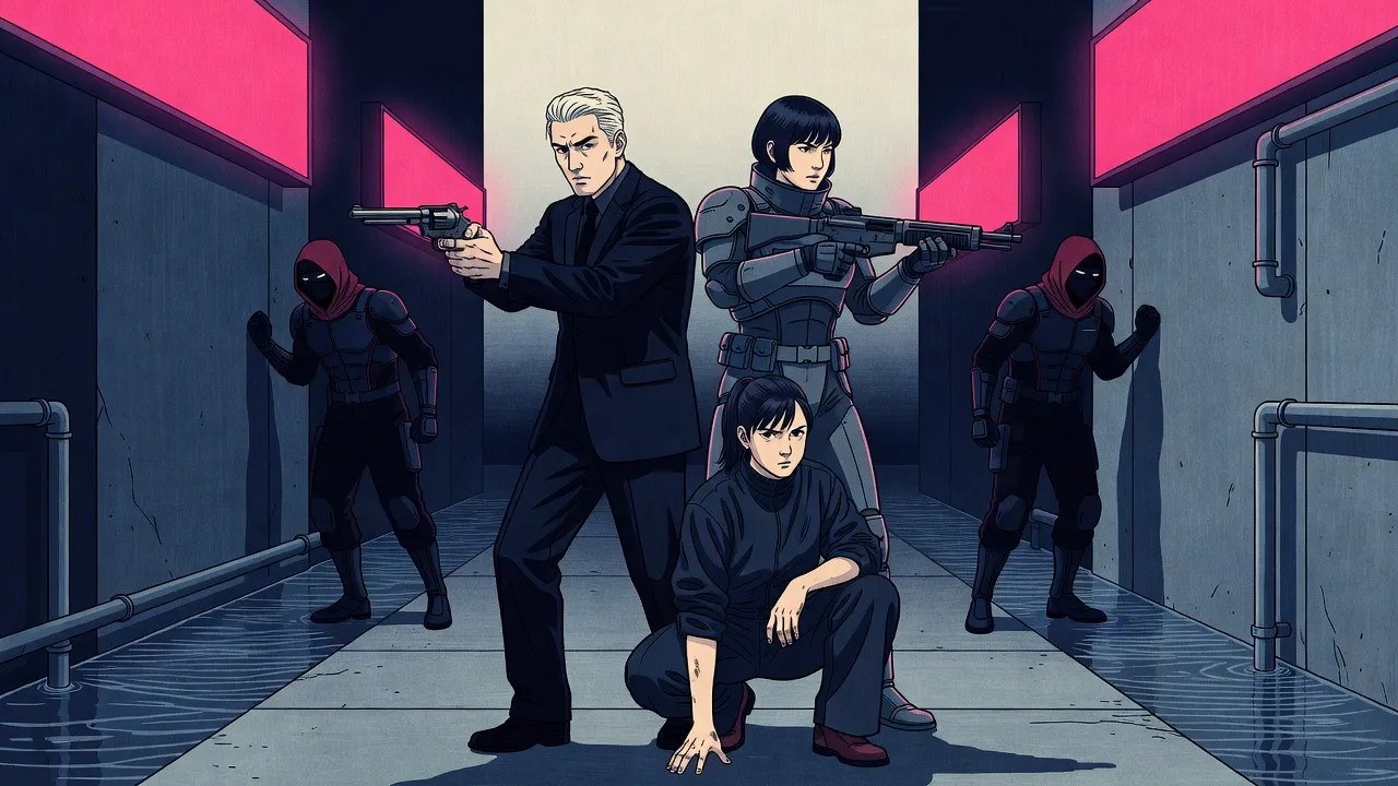 In a neon-lit back alley at night, a silver-haired man with a heavy revolver and a woman in grey armour with a rifle stand back to back over a crouching teenage girl as two hooded assassins appear against the walls on either side.