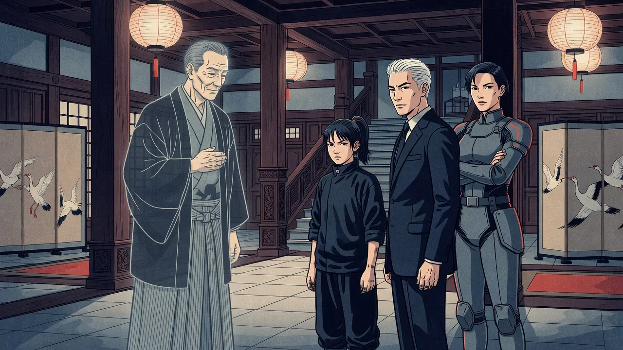 In a grand old hotel lobby of dark timber and round paper lanterns, a softly glowing hologram of a grey-haired man in formal Japanese dress bows to a silver-haired man, a woman in grey armour and a teenage girl.