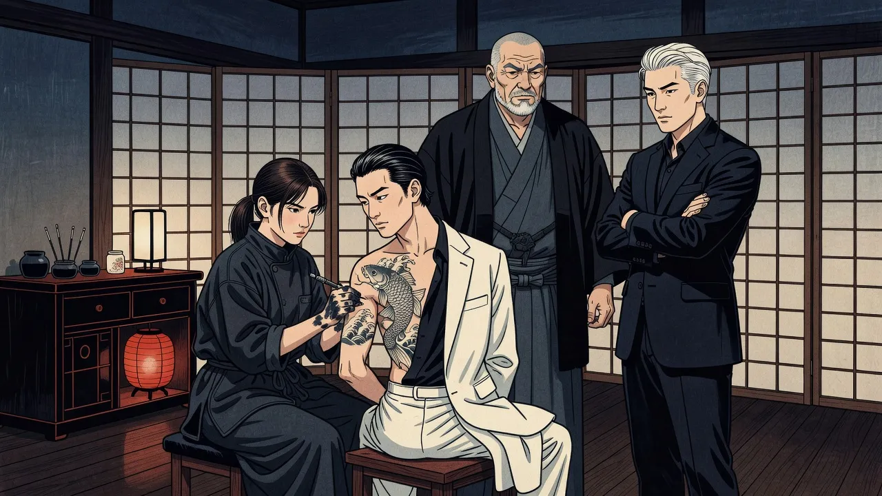 In a lamplit room of dark wood and paper screens, a teenage girl works a tattoo needle over a carp design on the bare shoulder of a seated man in a white suit, while a tall, heavy bearded man in a kimono and a silver-haired man in a suit look on.