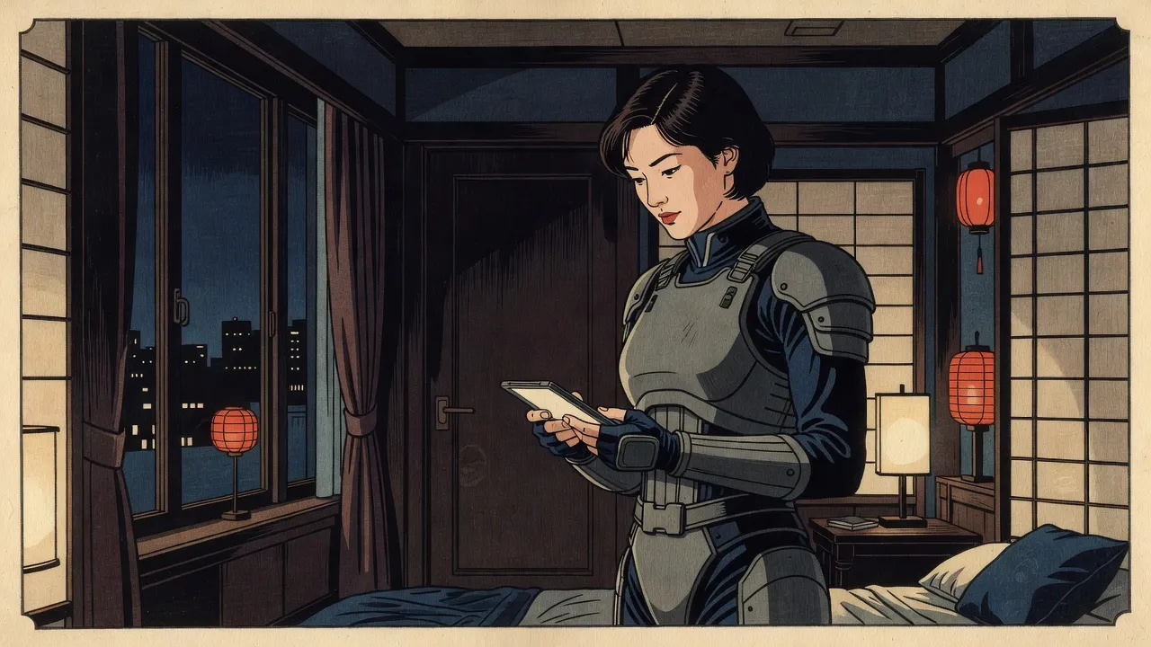 In a dim, luxurious hotel room at night, a woman in grey armour stands half turned toward a tall window, looking down at a small glowing panel in her hands.