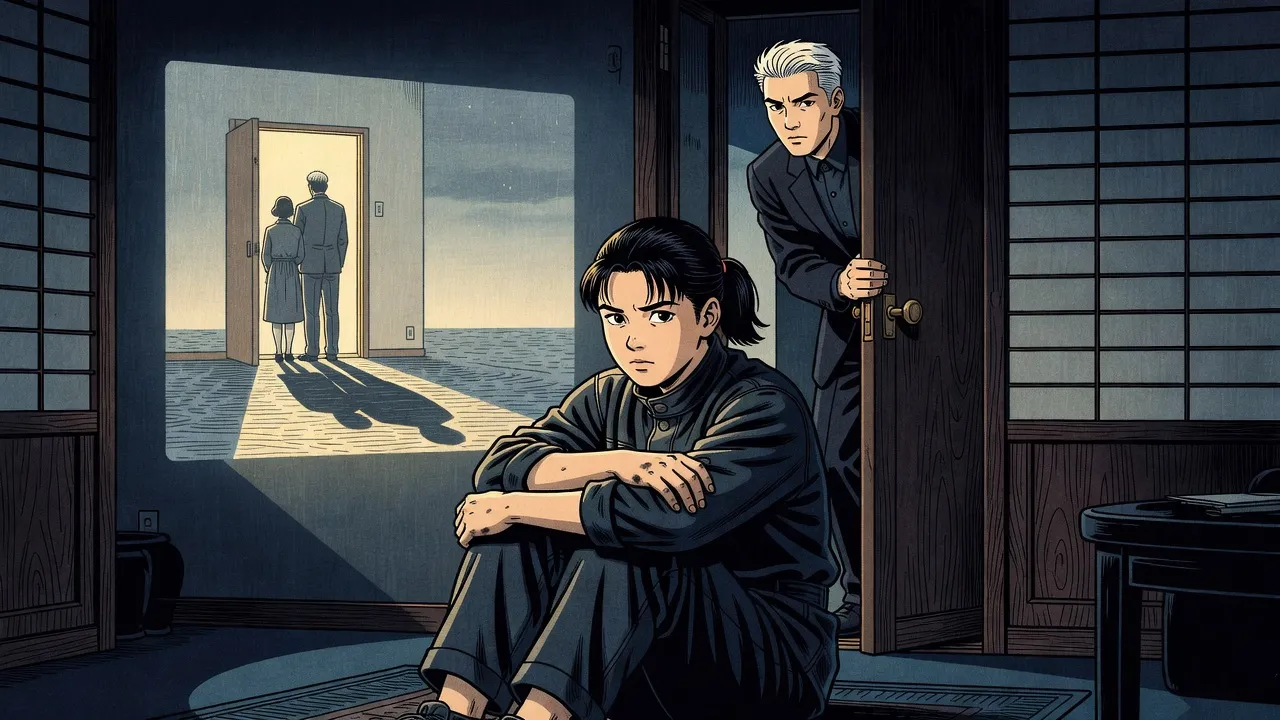 In a dark room, a teenage girl sits on the floor hugging her knees before a pale golden projection of a man and a woman in a doorway, while a silver-haired man watches from the door.
