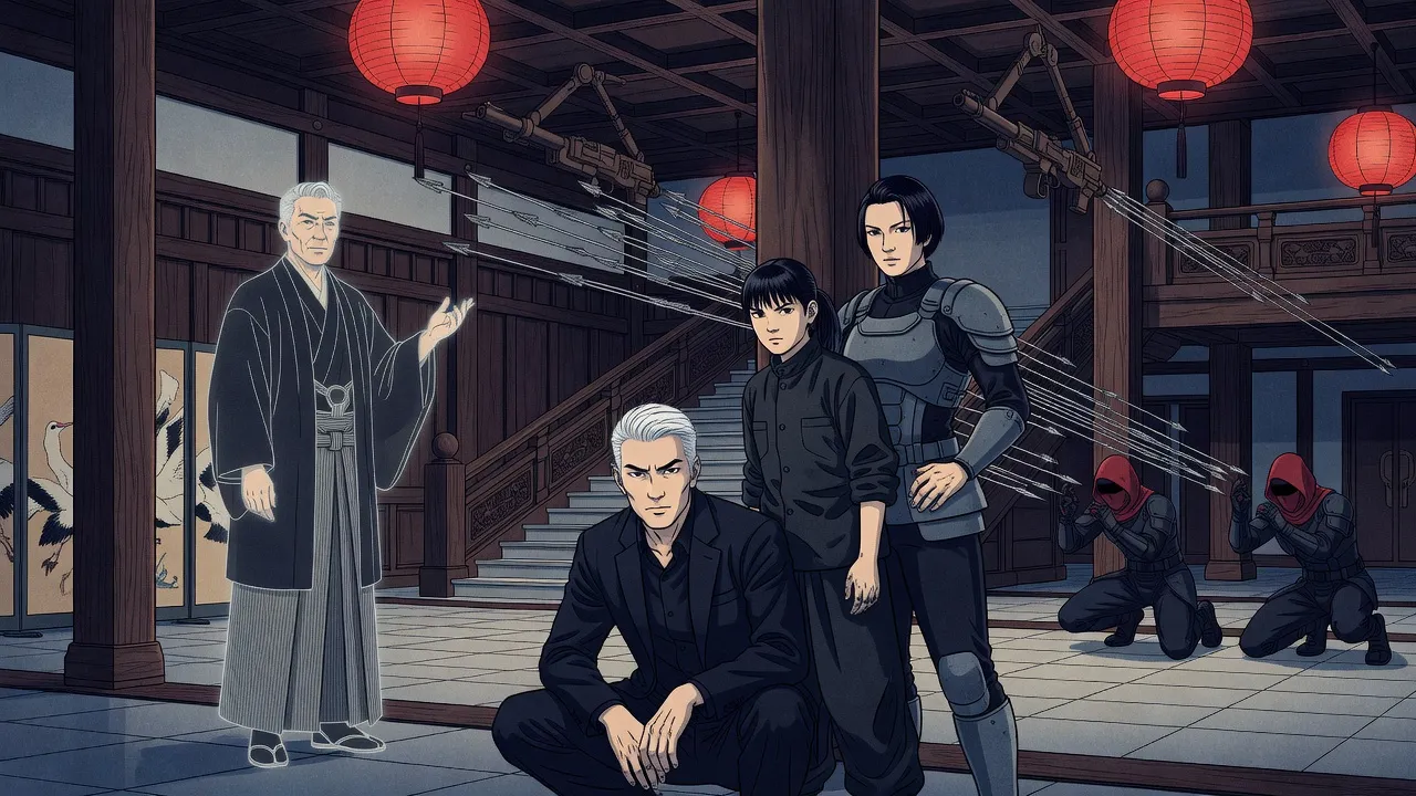 In a grand lantern-lit hotel lobby, guns on jointed arms lowered from the ceiling fire a hail of arrows at two crouching hooded assassins, while a silver-haired man crouches in front of a teenage girl and an armoured woman and a glowing hologram butler raises one hand, calm.
