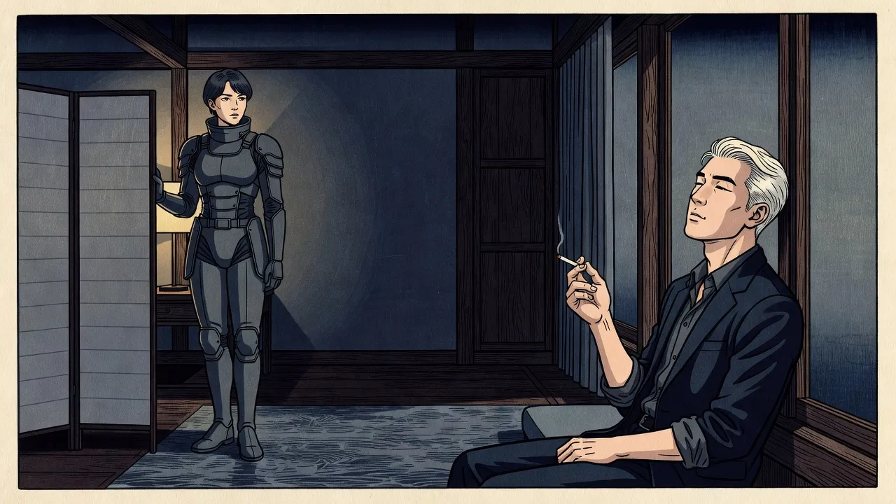 In a dim hotel room at night, a silver-haired man with his sleeves pushed up sits by a window, eyes closed and head tipped back, singing quietly to himself with a cigarette, while a woman in grey armour stands across the room, watching him.