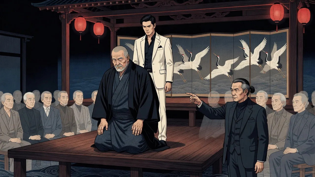 On a lantern-lit ceremonial stage, a tall bearded man in a kimono sinks to his knees as a man in a white suit stands over him, and among an audience of pale glowing figures an older man rises and points.