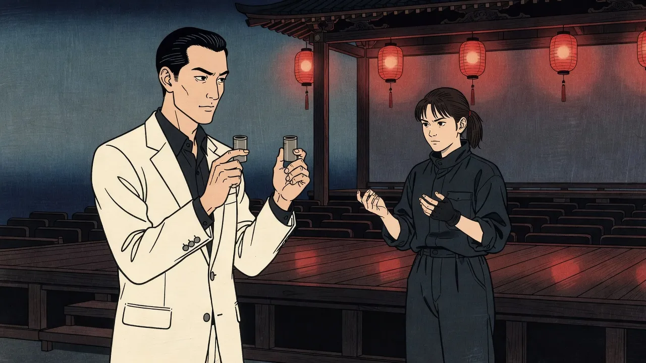 On an emptied lantern-lit stage, a man in a white suit holds up a small metal cylinder in each hand before a teenage girl, who stares at them.