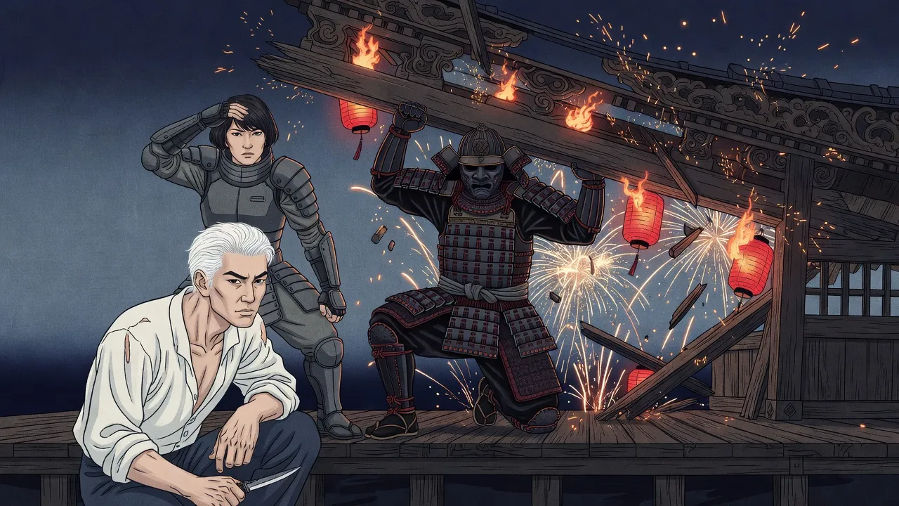 Burning lanterns and beams fall from a collapsing stage canopy amid fireworks as a figure in dark samurai-style armour is forced to one knee holding up a beam, while a silver-haired man in a torn white shirt crouches with a knife and an armoured woman shields her head.