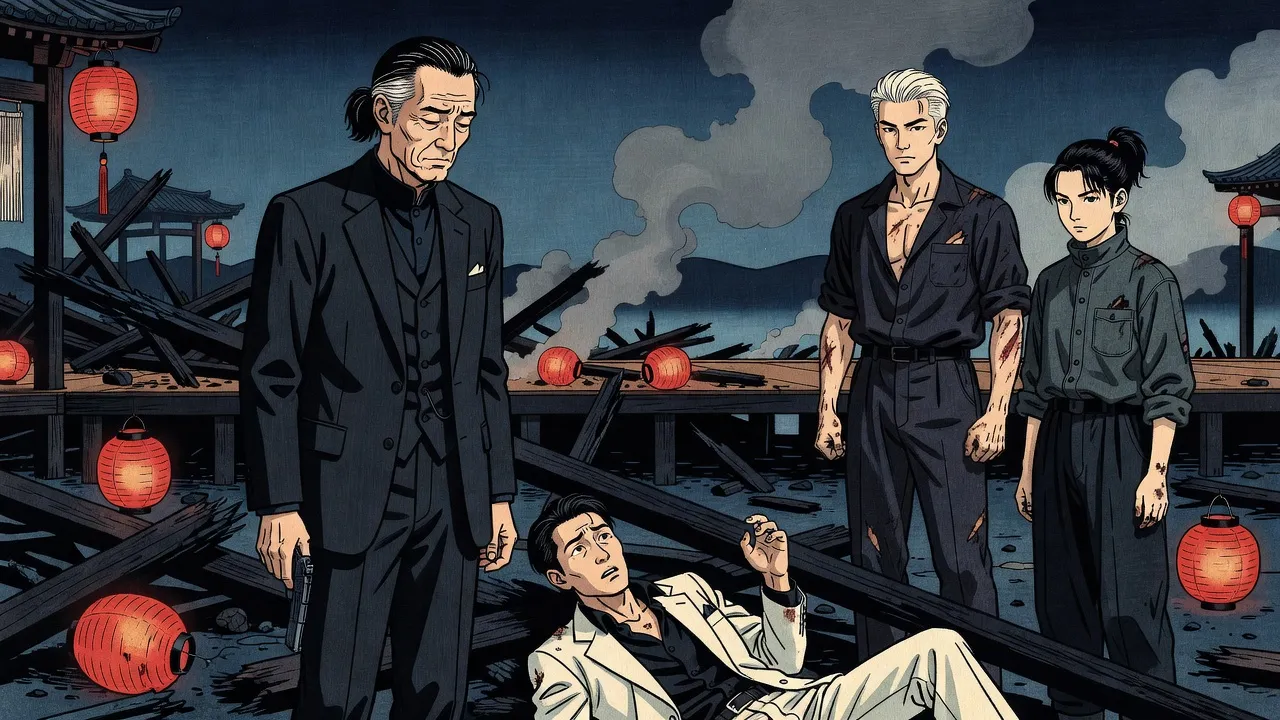 Amid the wreckage of a stage, an older man in a dark suit looks down at a broken man in torn white clothes lying among splintered beams, a pistol held low at his side.