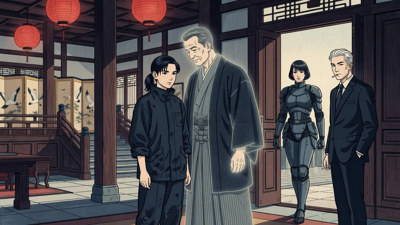 In a quiet hotel lobby in morning light, a glowing hologram butler bows his head toward a teenage girl, while a woman in grey armour stands at the tall open doors beside a silver-haired man with a cigarette.