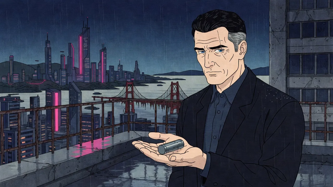 A lean man with grey-shot black hair, in a dark jacket, stands on a rain-swept rooftop at night above a city of towers and an old rusted bridge, a small dark metal cylinder lying in his open palm as he looks sidelong out of the frame.
