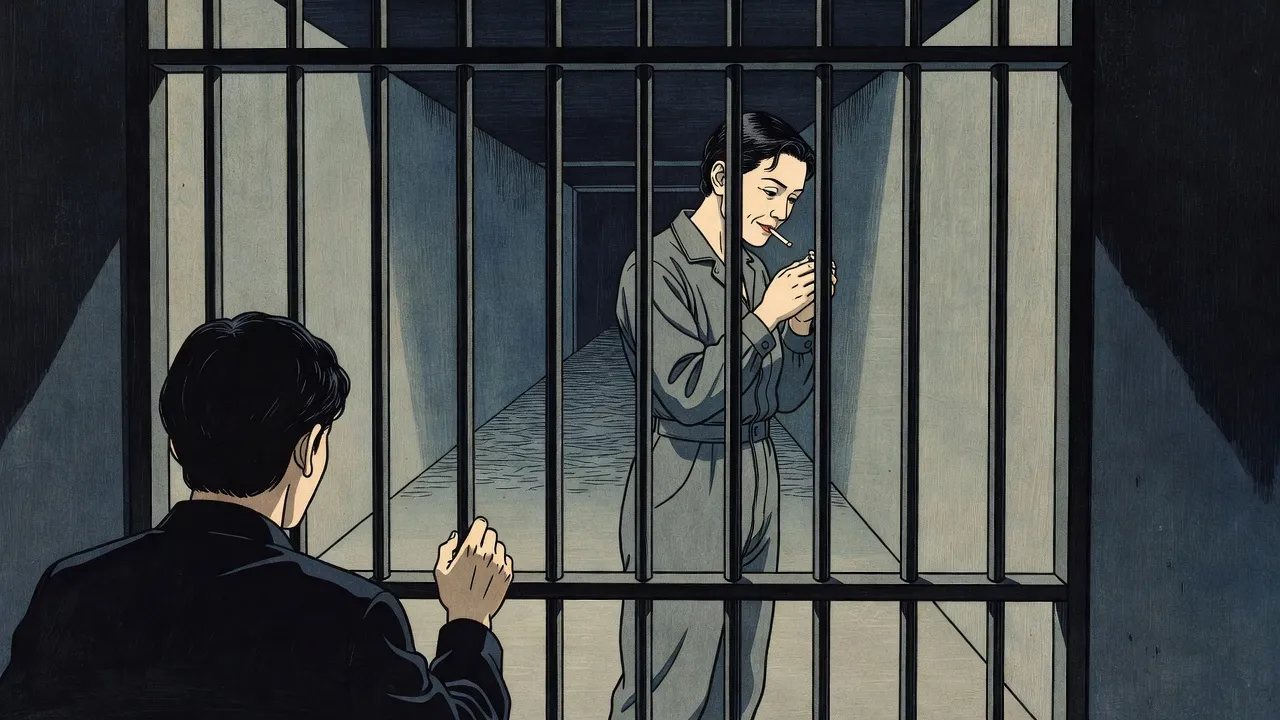 Seen past the shoulder of a man in shadow behind the bars of a cell gate, a hard-eyed woman in grey coveralls in the corridor beyond bends her head to light a cigarette, everything washed in pale gold light.