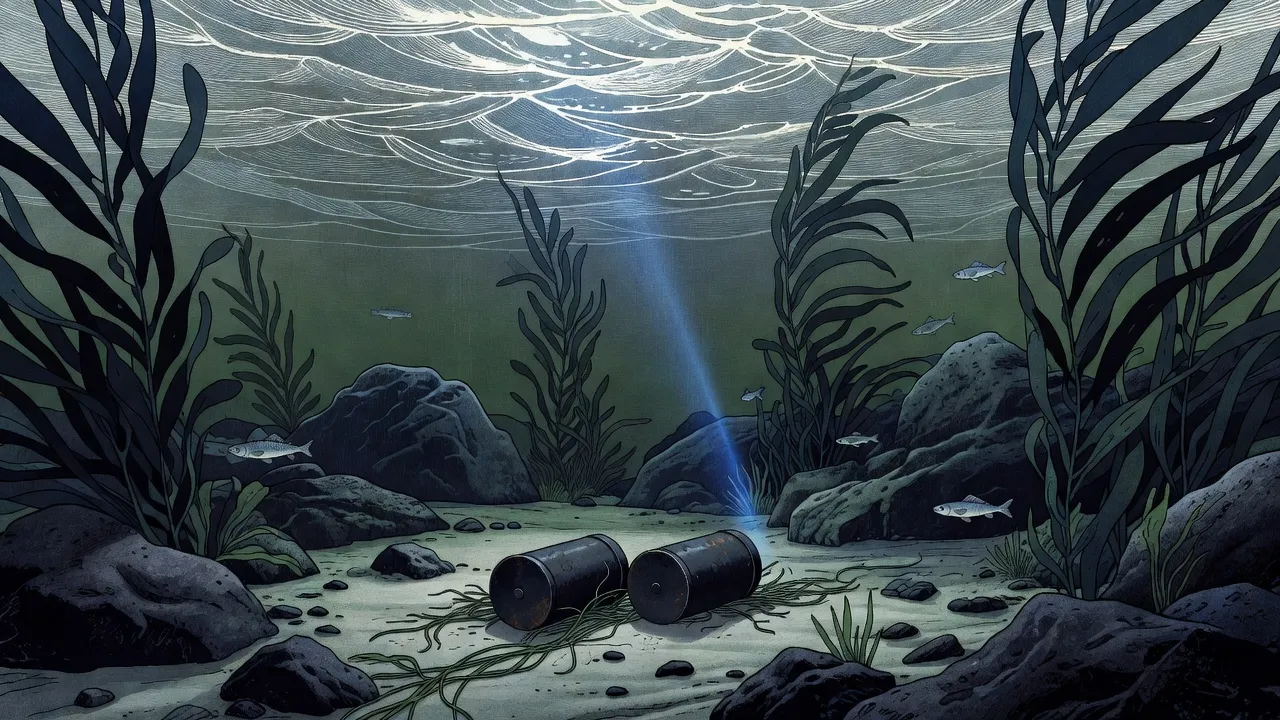 On a weedy sea bed in cold green water, two small dark metal cylinders lie half-buried in silt between tall ribbons of kelp, a shaft of blue light falling on them from the surface far above.