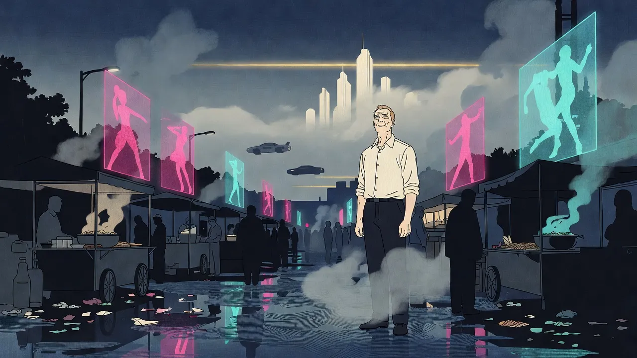A tall man in a white shirt with rolled sleeves stands in a smoky night market street under towering holograms, while far overhead ivory towers rise out of the haze into gold light.