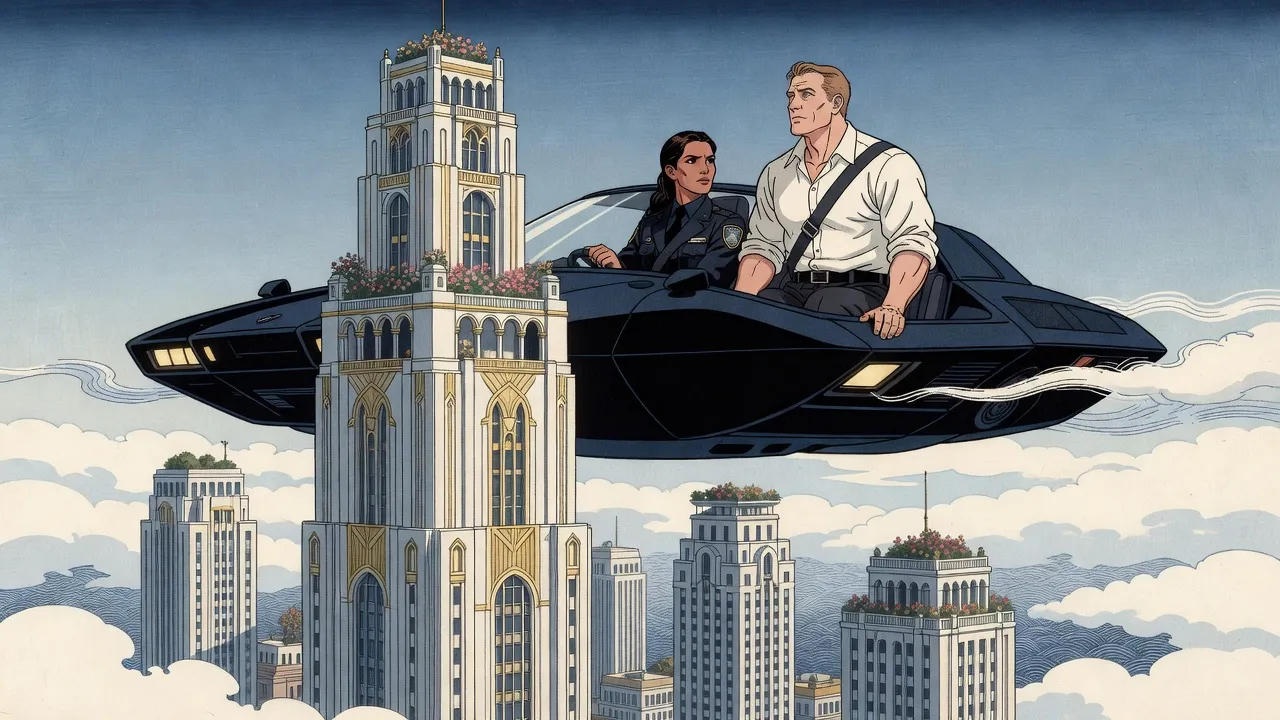 A dark-haired woman pilots an angular police hovercar above a sea of cloud in clear daylight, a man in a white shirt seated beside her looking up, past ivory towers crowned with gardens.