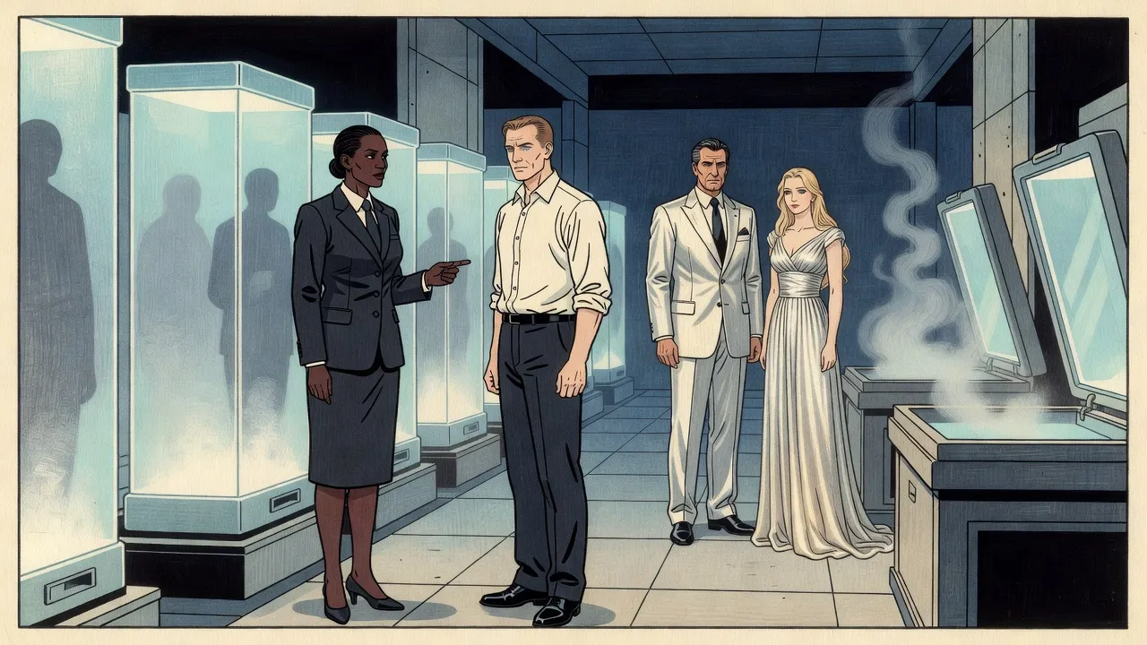 A woman lawyer in a charcoal suit and a man in a white shirt stand in a pale vault of glowing frosted pods, facing an elegant couple in ivory and silver.