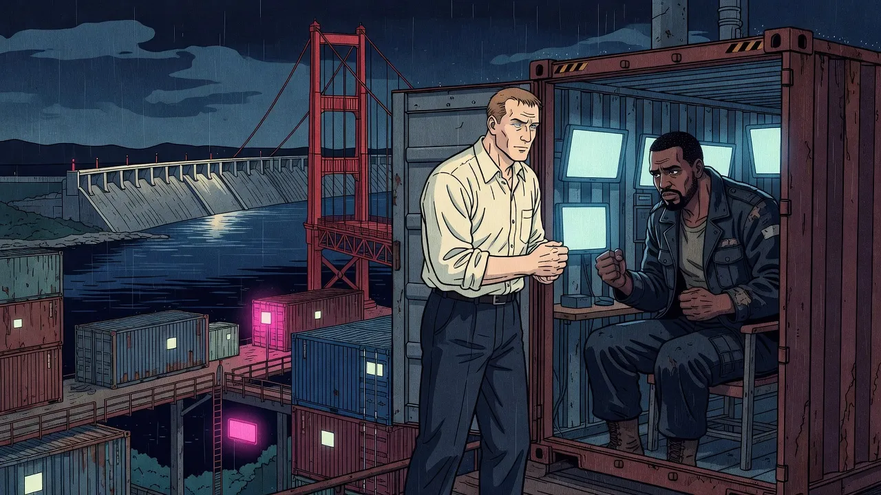 On a rusted suspension bridge stacked with shipping containers, a man in a white shirt stands at the open door of a container where a bearded man turns from glowing screens.