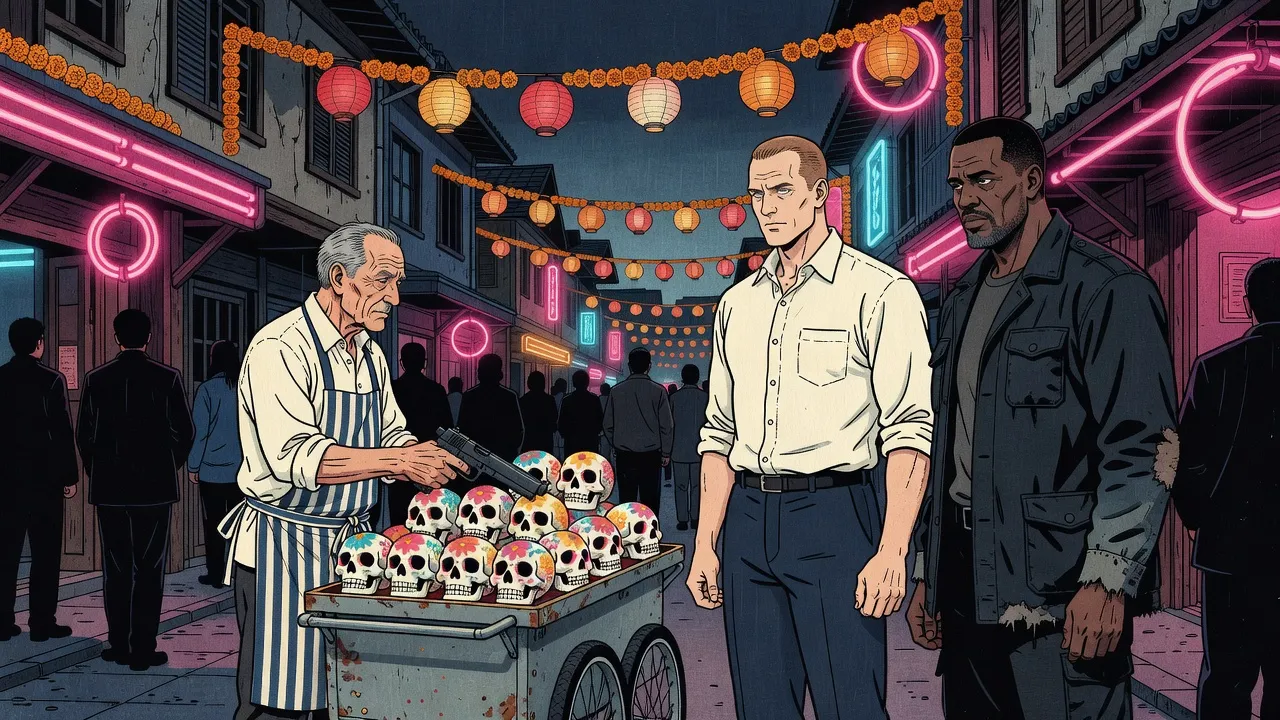 On a neon-lit night street strung with marigold garlands and paper lanterns, a street vendor at a cart heaped with brightly iced sugar skulls lifts a gun before two men.