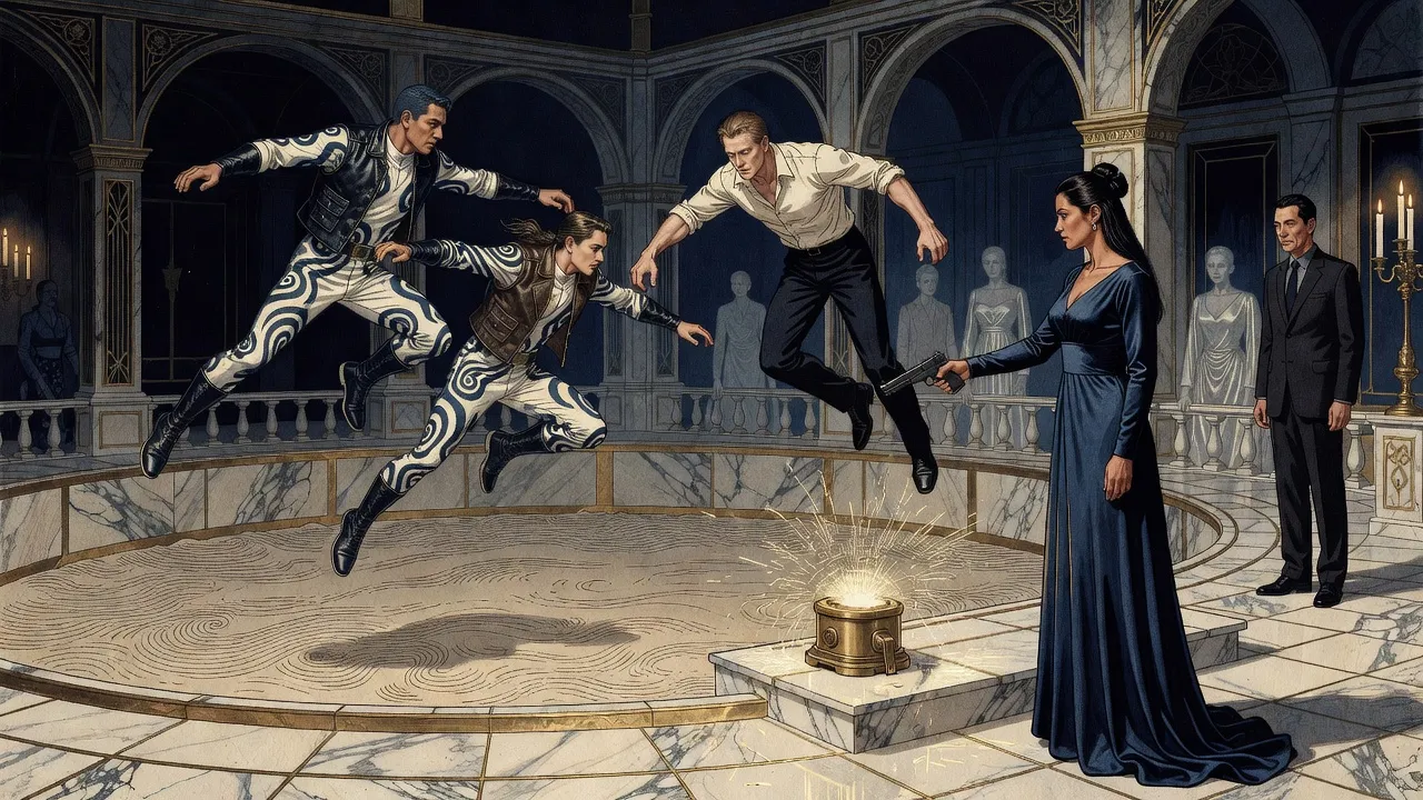 In a marble gallery around a sunken pit, a woman in a midnight-blue evening gown fires a pistol as a brass machine at the rim bursts in sparks, while two fighters in patterned suits float in mid-air and a man in a white shirt drops in.