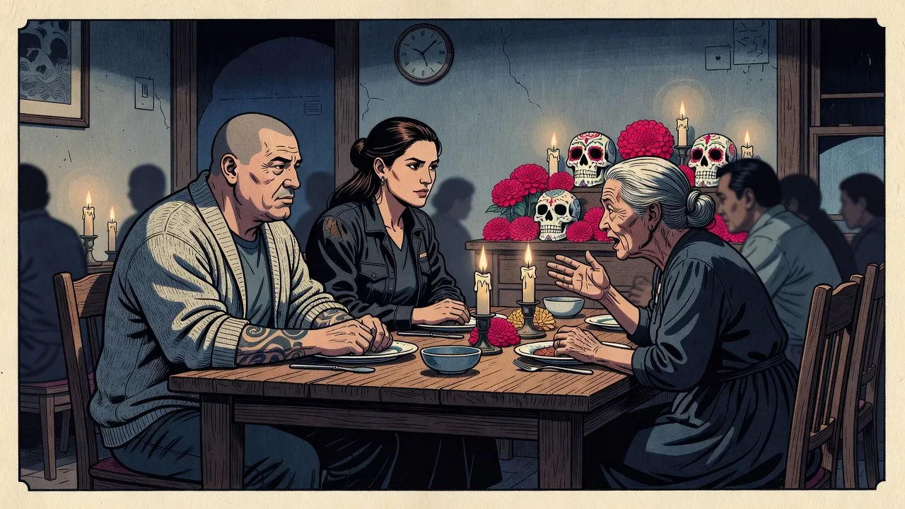 At a candlelit family table before a home altar of sugar skulls and red flowers, a burly shaven-headed man with tattooed forearms sits in a cardigan beside a dark-haired woman while a grey-haired old woman across the table argues.