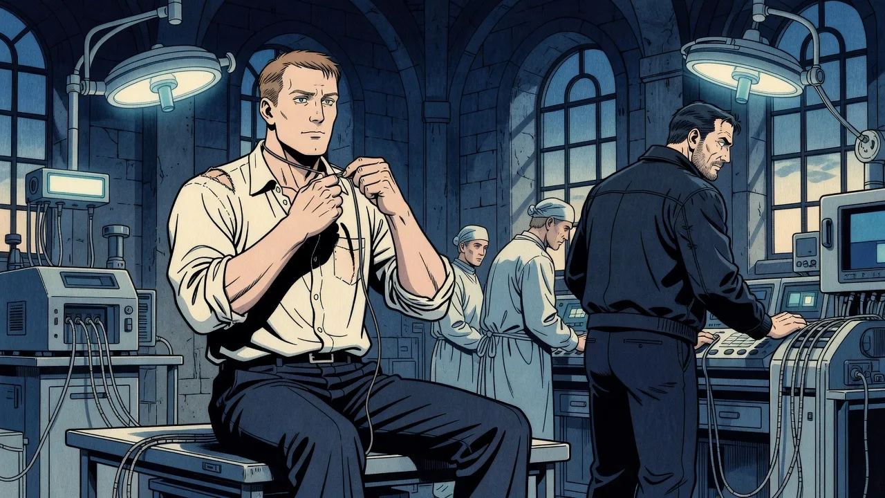 In a cavernous white clinic, a man sits up on a steel table under surgical lamps while technicians and a stubbled man in a leather jacket stand at the consoles with their backs to him.
