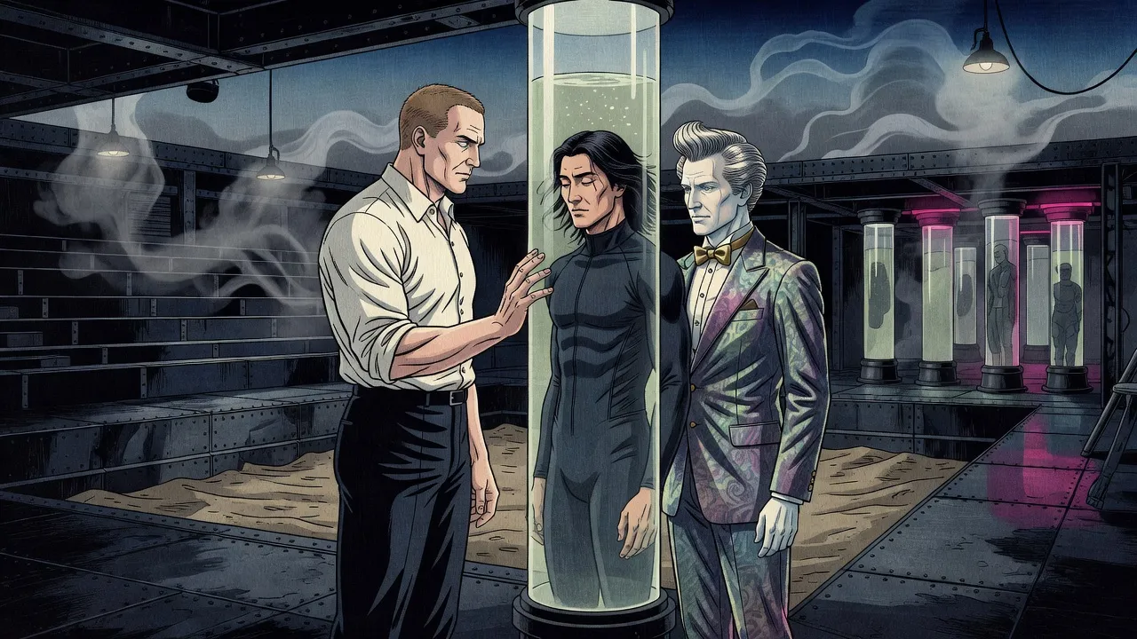 In an underground arena a man stares at a tall glass tube where a black-haired man floats asleep in pale fluid, while a showman in iridescent clothes and a gold bow tie spreads his hands.