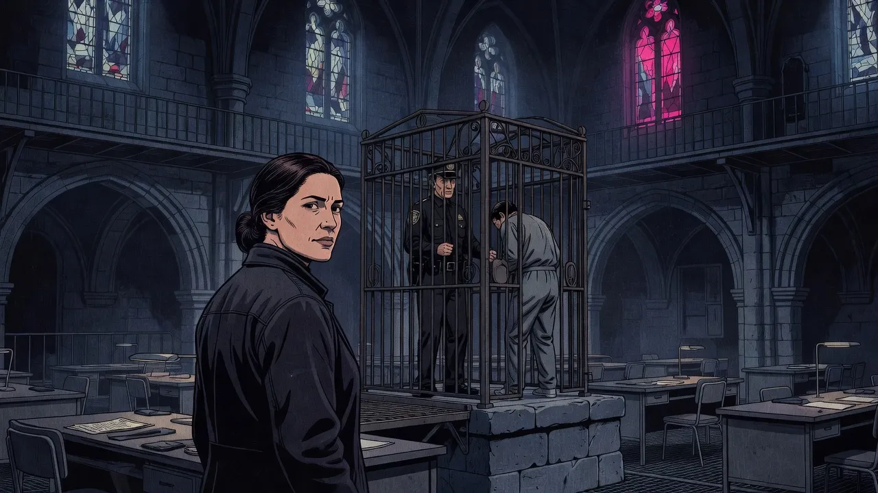Under the stone arches and stained glass of a church turned police station, a dark-haired woman looks back toward a uniformed man holding a lift door open for a prisoner.