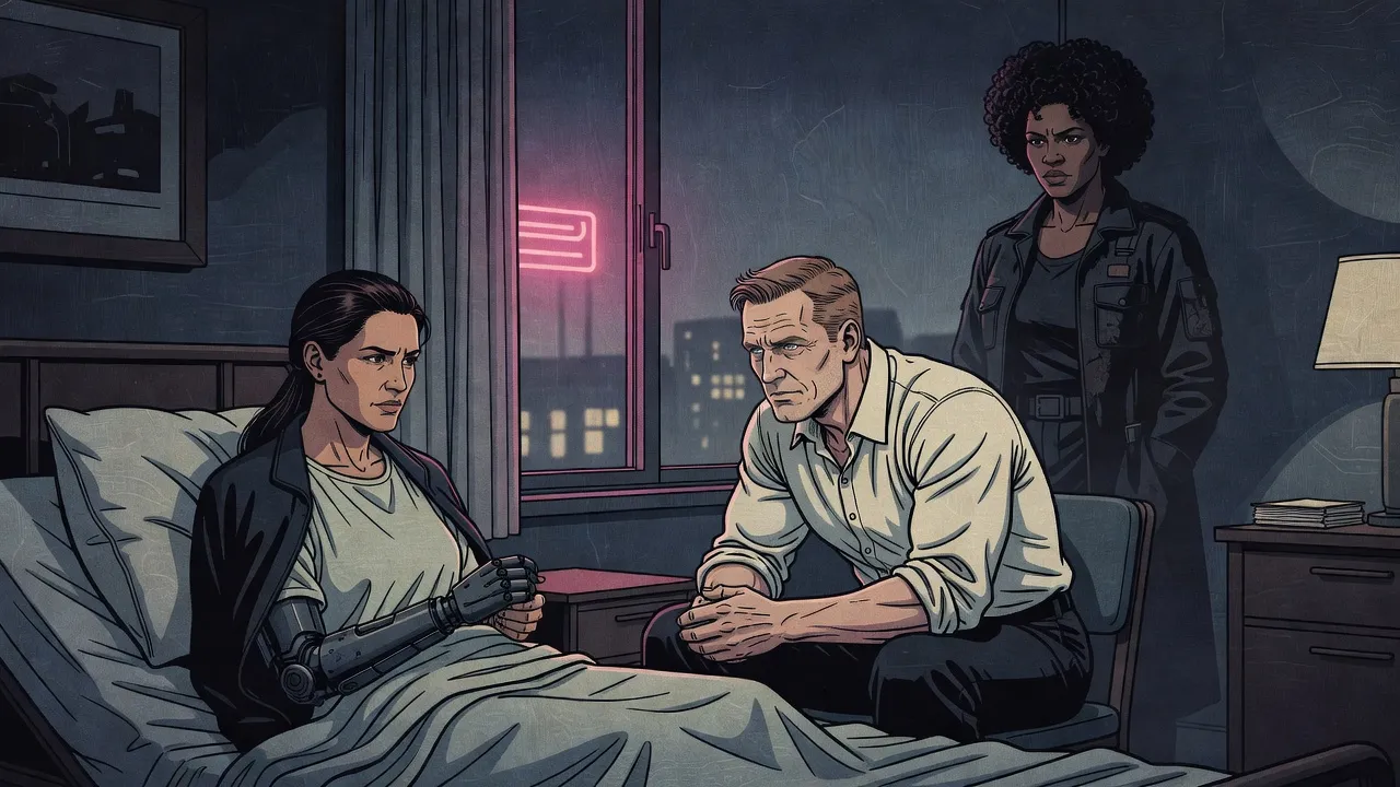 A dark-haired woman sitting up in a hospital bed flexes a dark metal mechanical arm while a man in a white shirt sits watching her and a tall woman with curly hair stands in the shadows behind him.