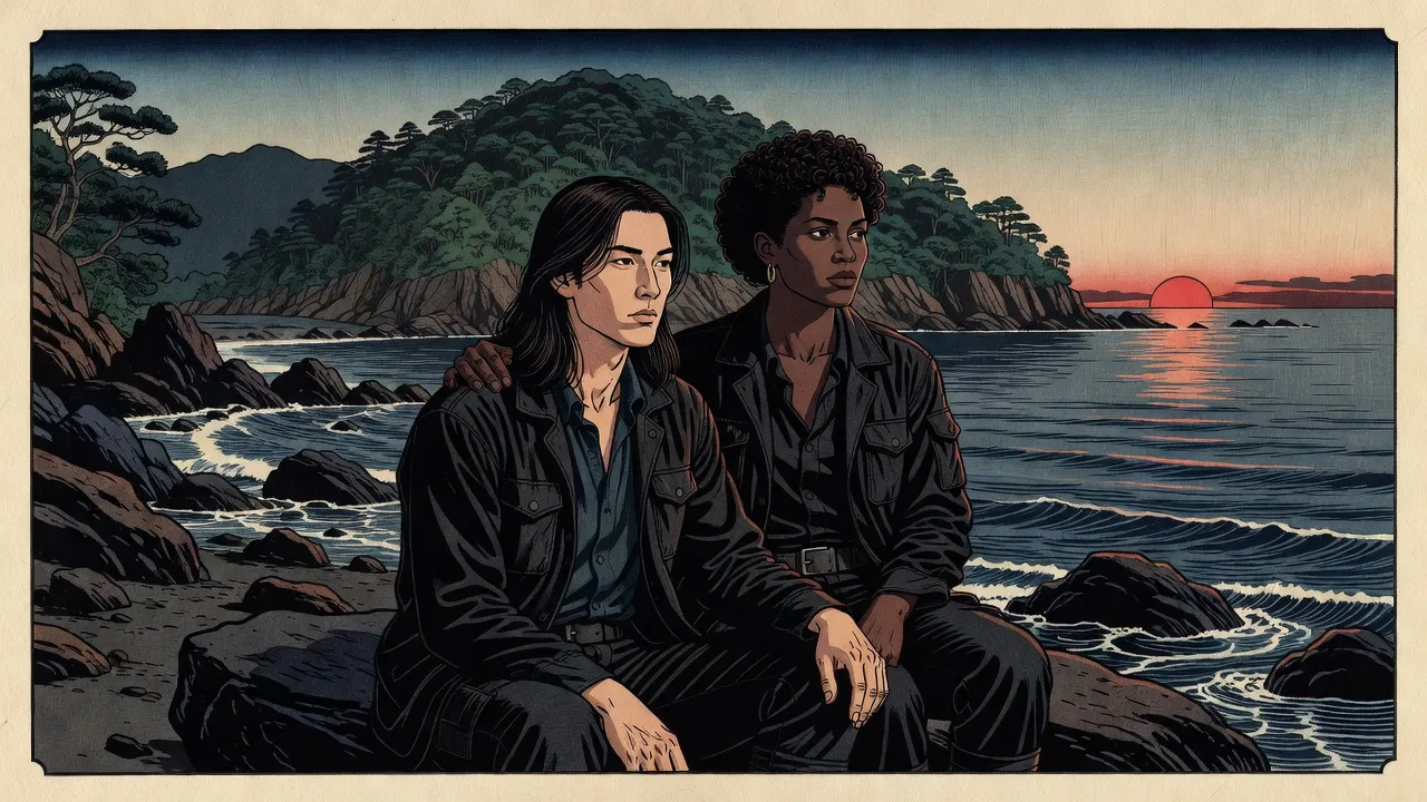 On a dusk shoreline of dark rocks a black-haired man and a woman with a crown of curly hair sit side by side, her hand over his, looking out at a sea under a low red sun.