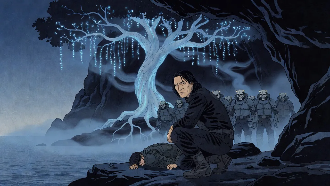 In a vast cavern lit blue by a glowing alien tree, a black-haired man crouches beside a fallen comrade as armoured soldiers in skull-like helmets advance out of the haze.