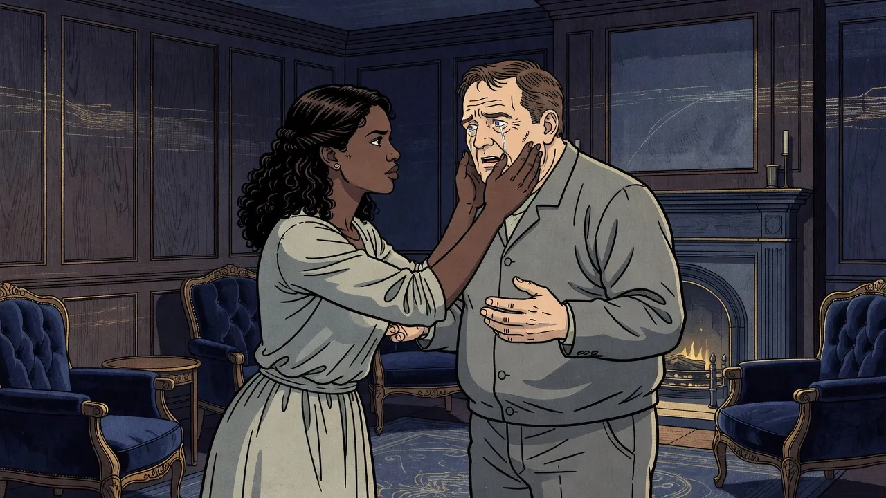 In a softly glowing Victorian parlour, a young woman in a grey dress reaches up to touch the face of a stocky middle-aged man who stands very still.