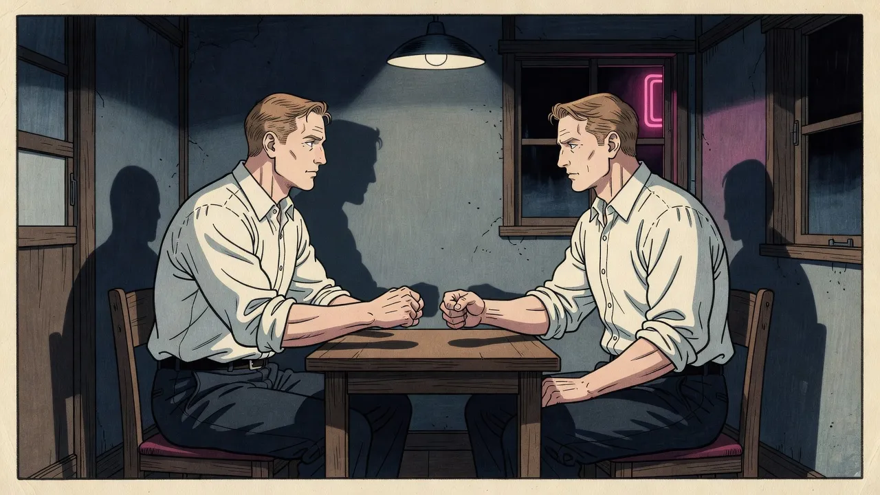 Two identical men in white shirts face each other across a small table under a hanging lamp, each holding out a fist.