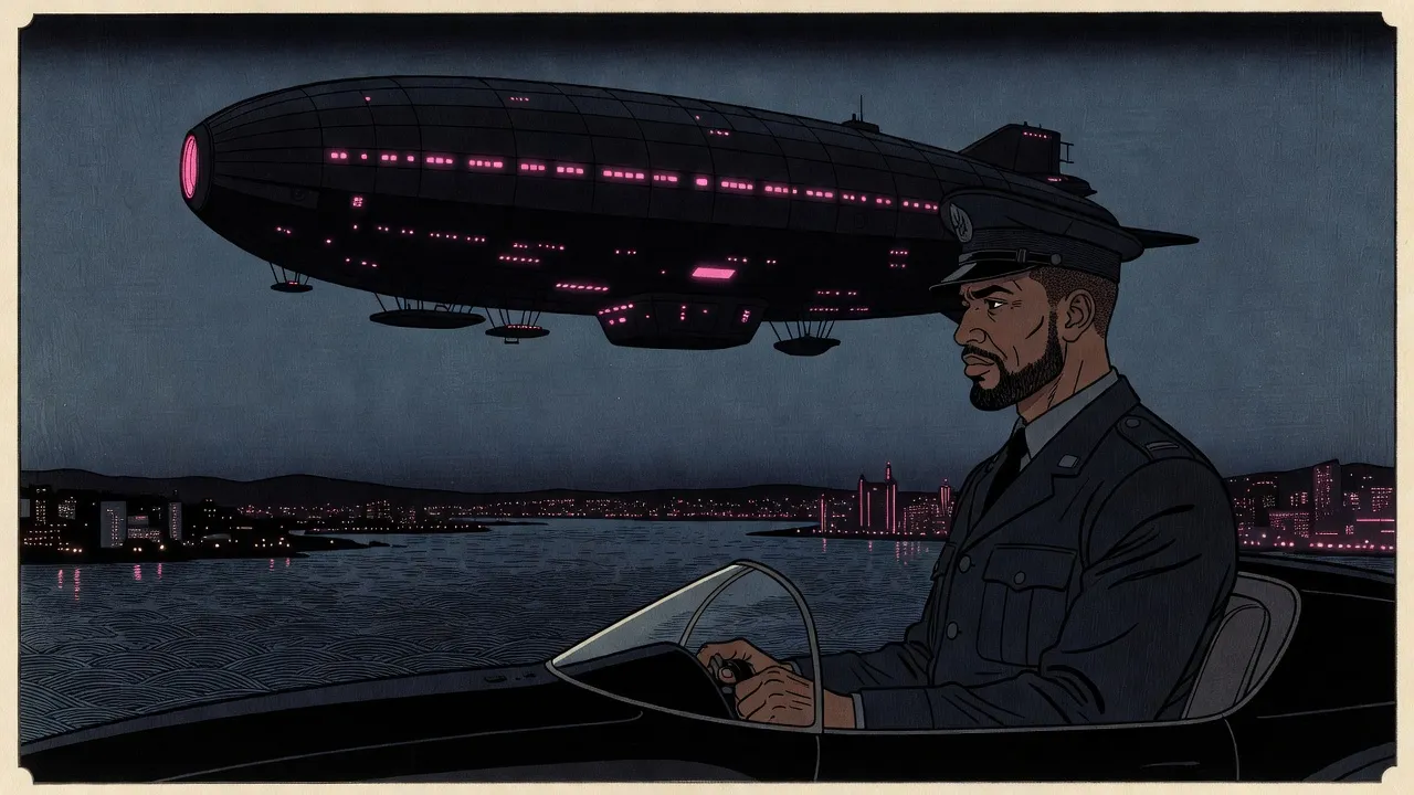 A bearded man in a dark officer’s uniform pilots an aircar through the night toward a vast bloated airship studded with lights, high above a glittering city and bay.