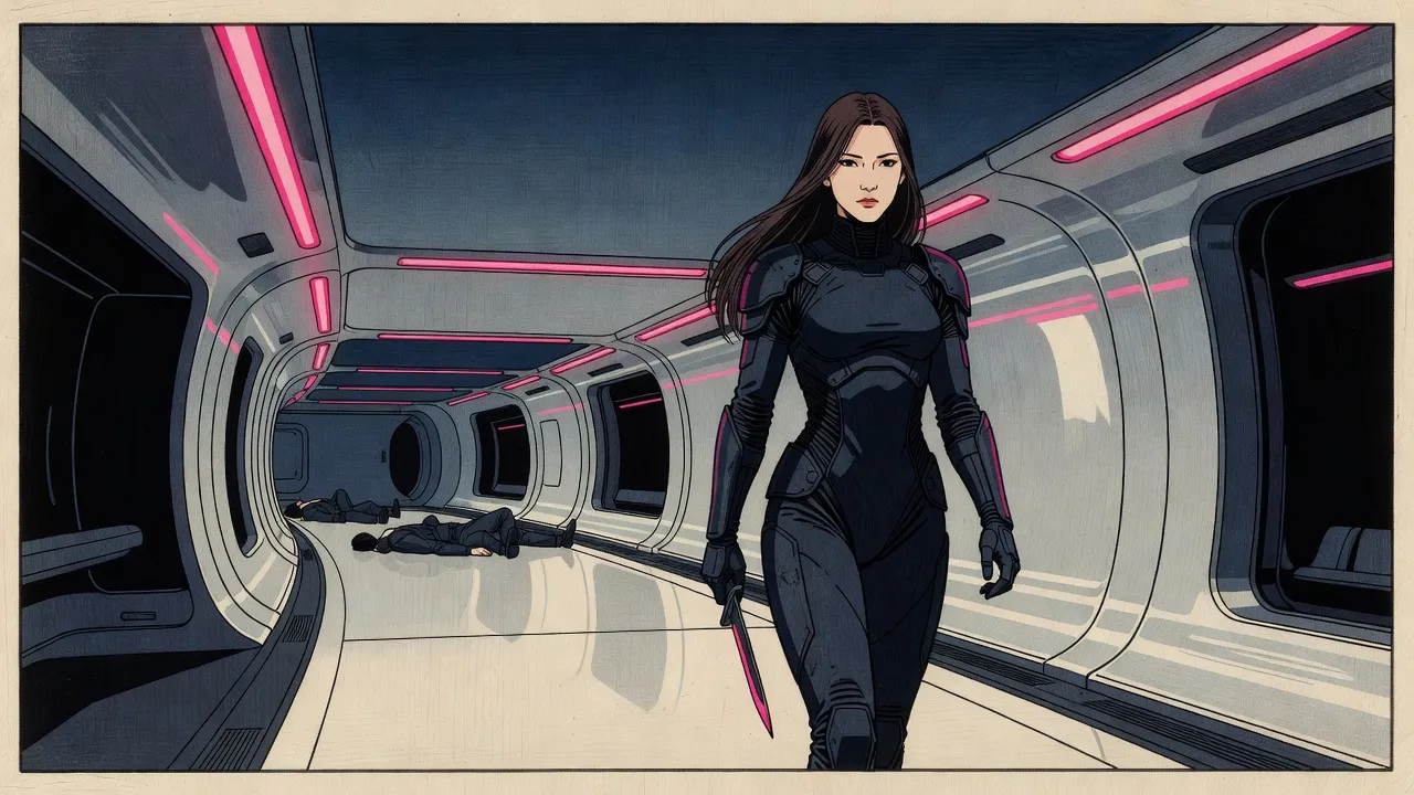 Down a curving white corridor a tall woman in a dark armoured bodysuit strides forward with a long knife held low, her pale face perfectly still.